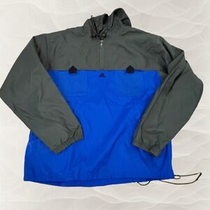 Adidas‎ 1/4 Zip Windbreaker Hooded Mens L Blue Dark Grey Lightweight Outdoor